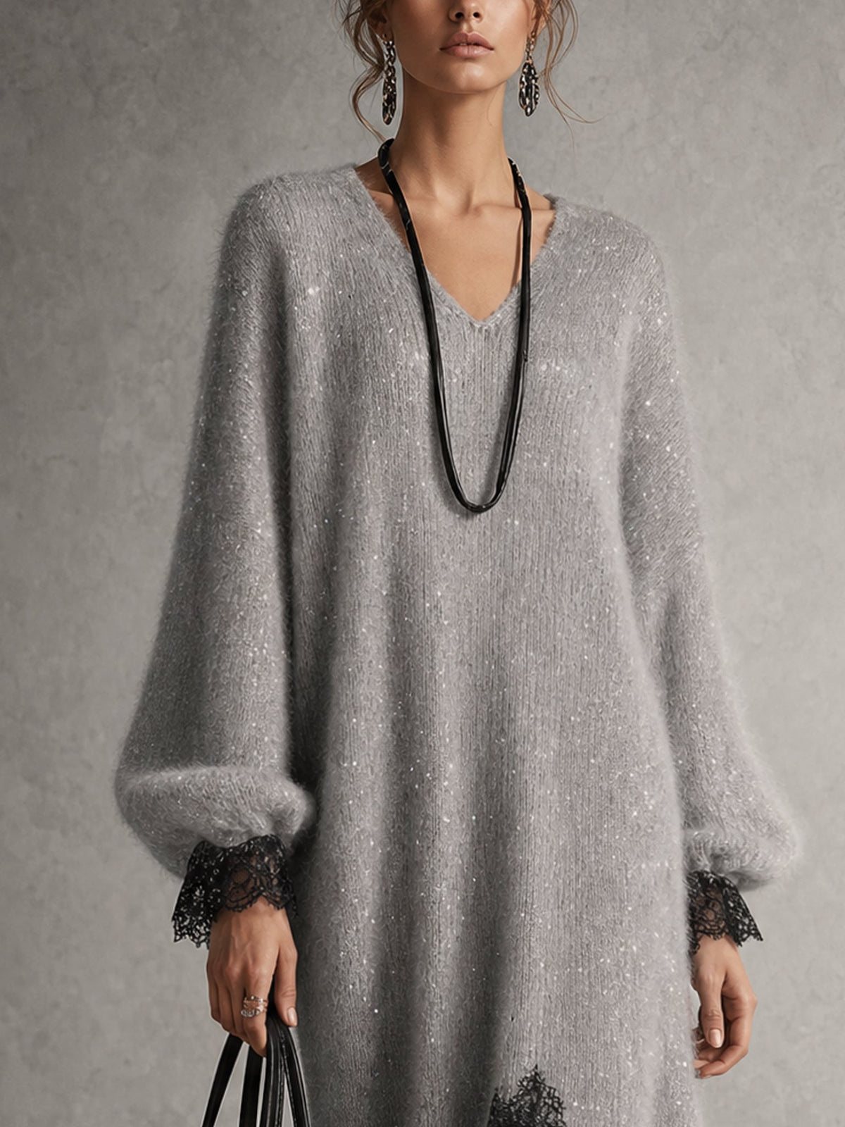 ABITO MIDI GRIGIO IN MAGLIA LUCIDA CON BORDO IN PIZZO