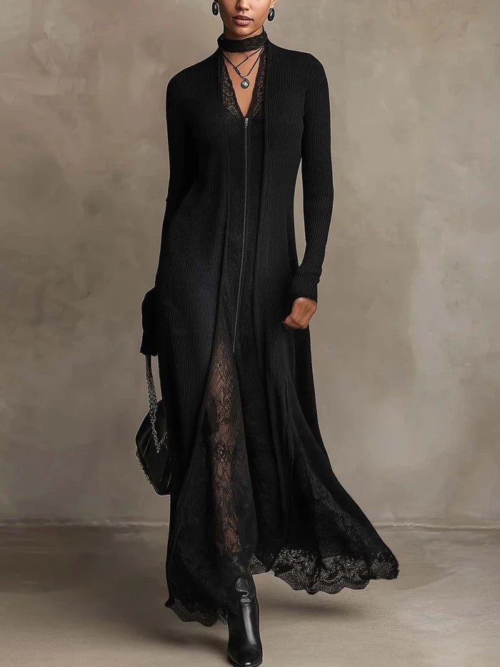 SOLENNE | ABITO MAXI IN MAGLIA A COSTE CON PIZZO, NERO