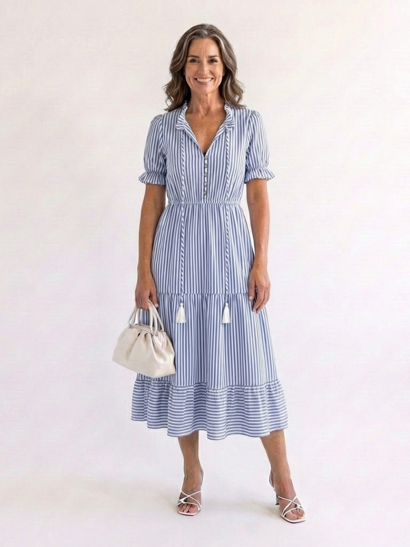DAKOTA | SHORT SLEEVE STRIPED TIERED MIDI DRESS