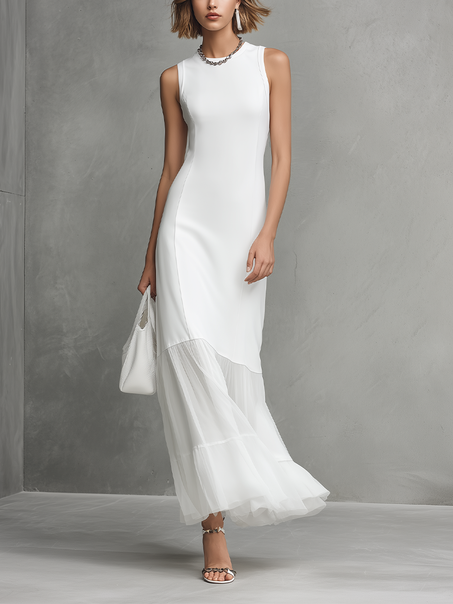 ABITO BIANCO SENZA MANICHE ELEGANTE DA DONNA IN SETA DI LATTE E PANNELLI IN CHIFFON