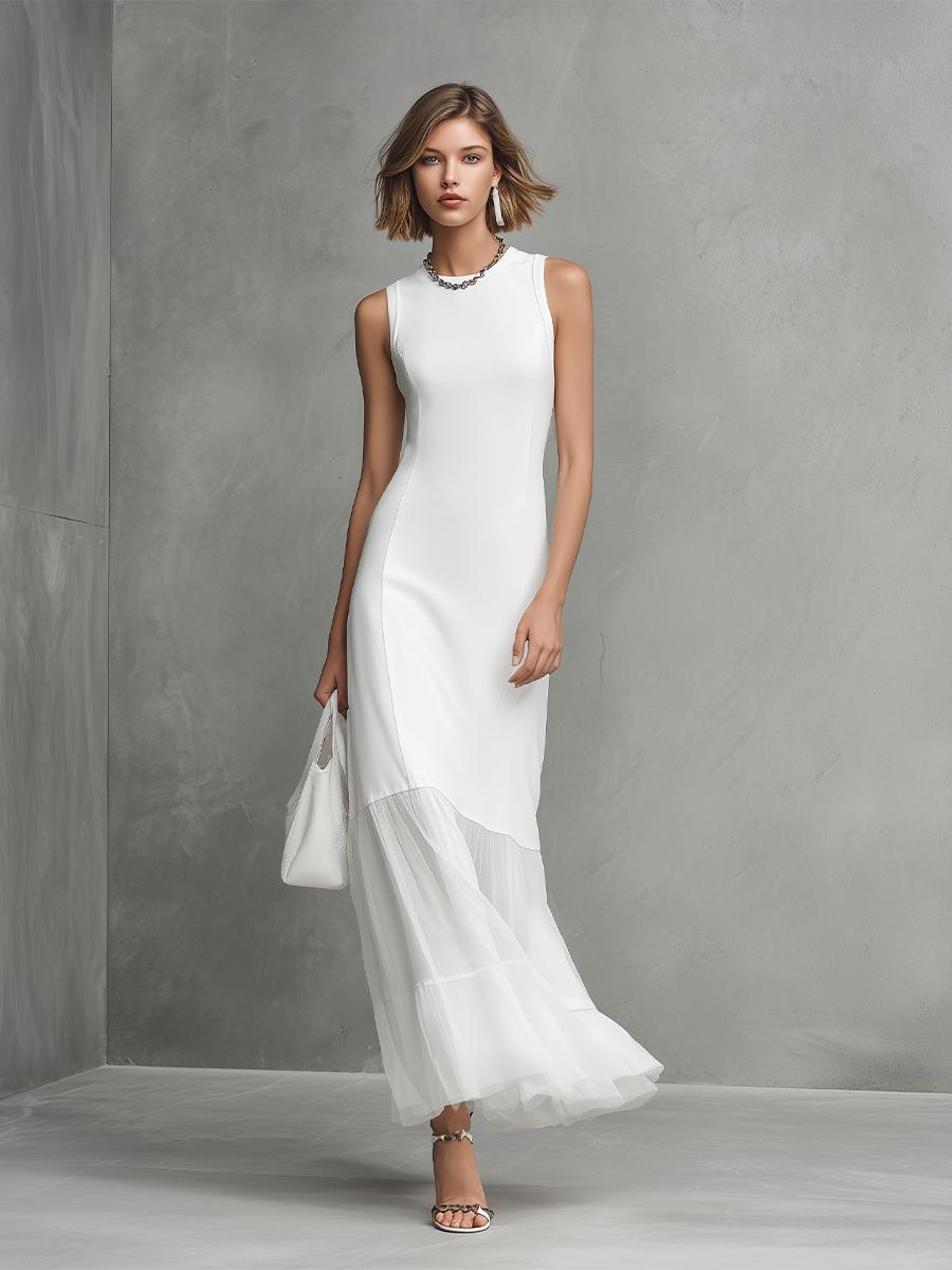 ABITO BIANCO SENZA MANICHE ELEGANTE DA DONNA IN SETA DI LATTE E PANNELLI IN CHIFFON