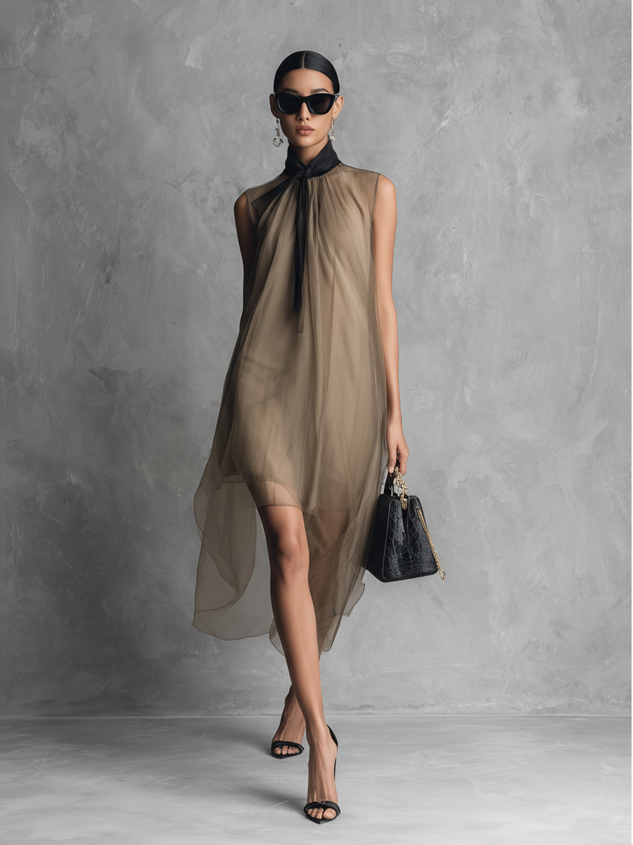 ROBE SENZA MANICHE IN CHIFFON BICOLORE KAKI E MARRONE DI LUSSO LEGGERO PER DONNE