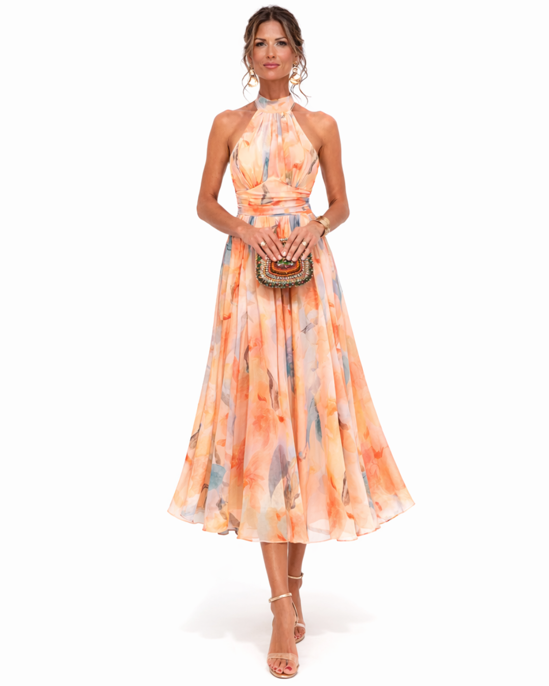 AURORA | ABITO CON COLLO HALTER E STAMPA ACQUERELLO
