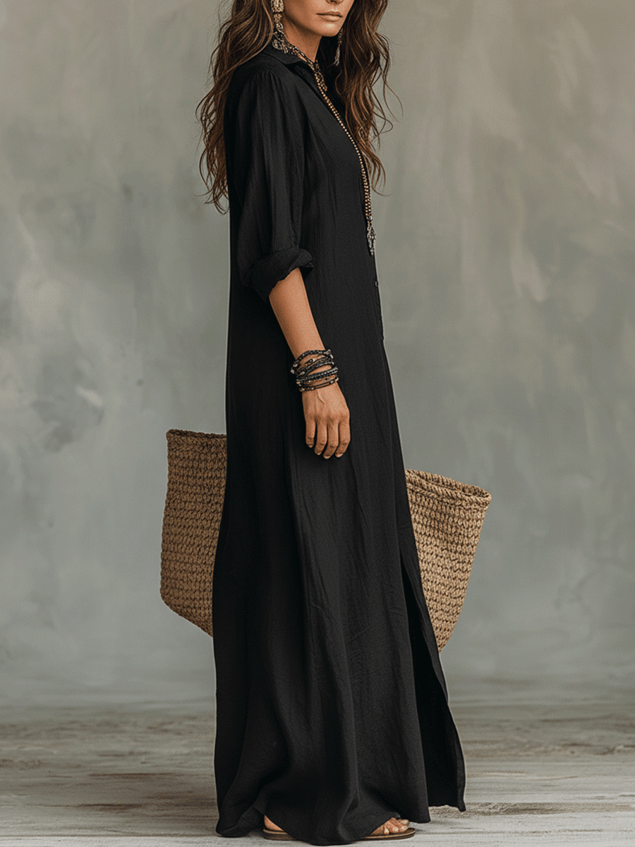 VESTITO LUNGO NERO IN STILE CAMICIA BOHEMIANO CON BOTTONI SUL DAVANTI