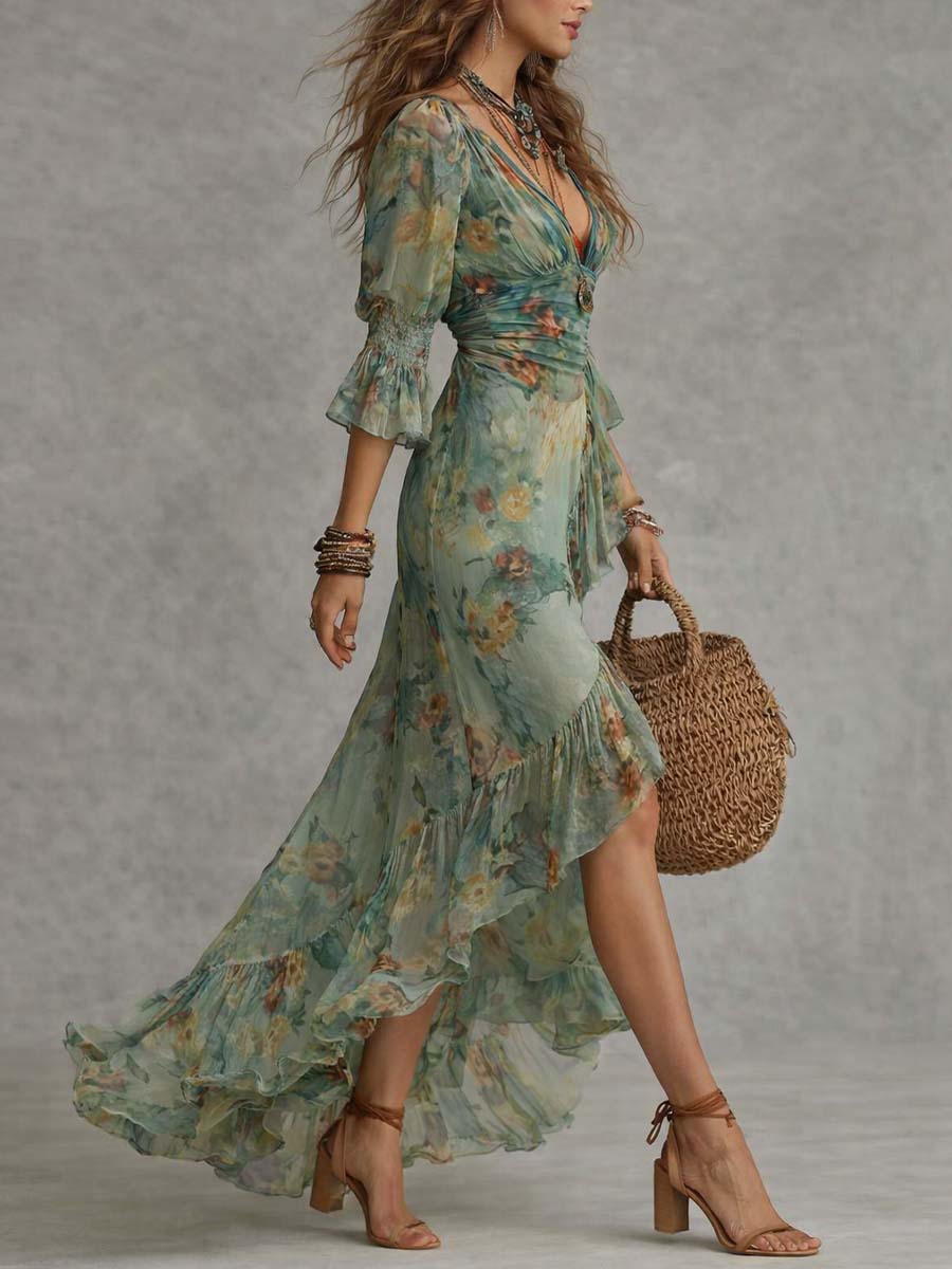 ALMA | VESTITO LUNGO CON STAMPA FLOREALE ROMANTICA