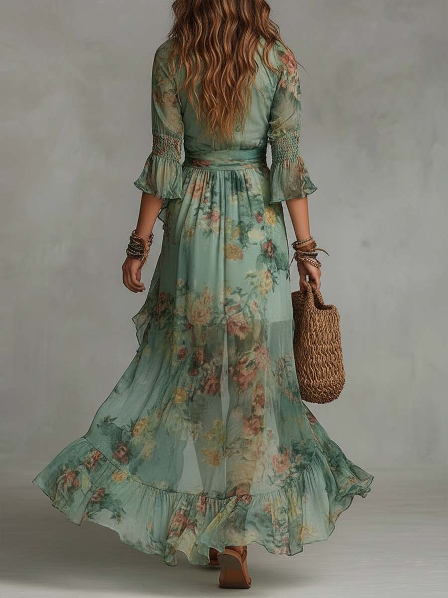 ALMA | VESTITO LUNGO CON STAMPA FLOREALE ROMANTICA