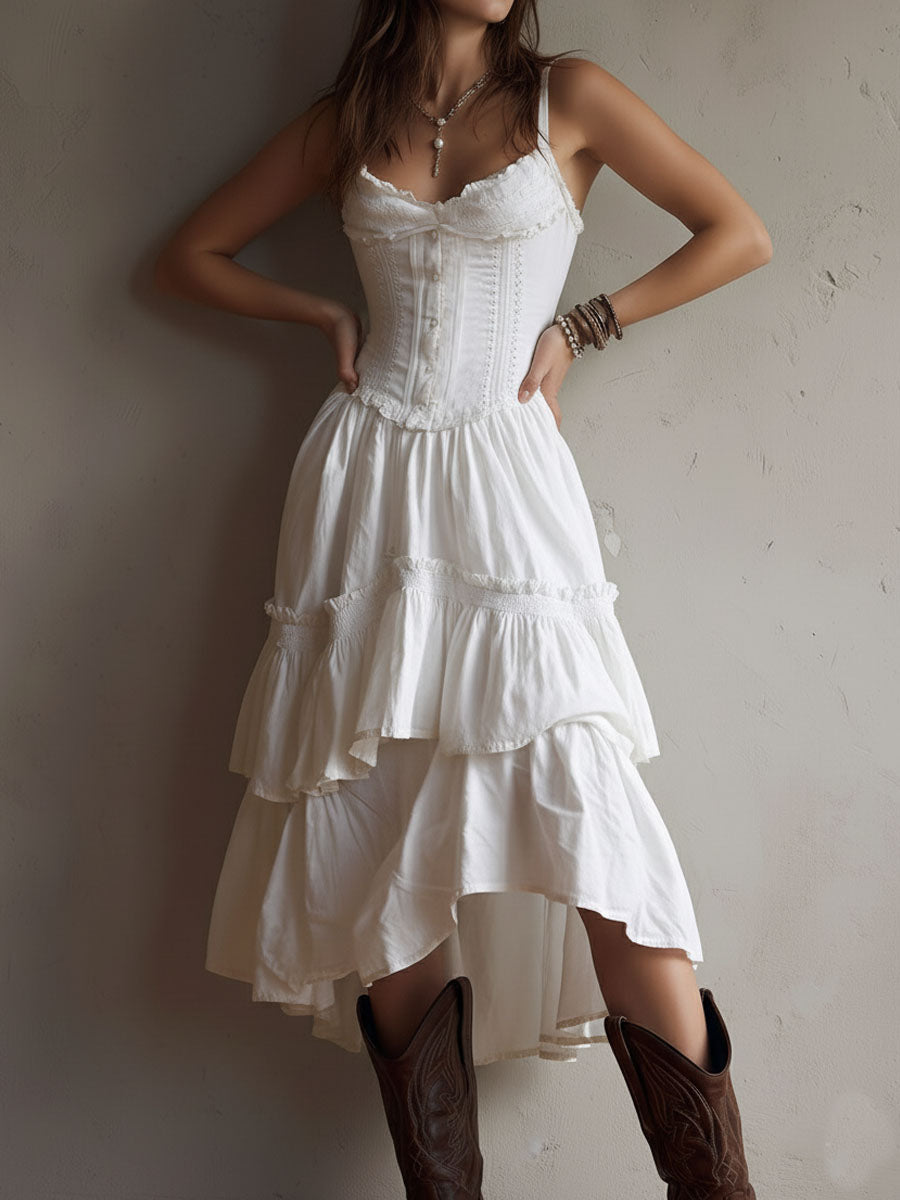 ABITO MIDI RETRÒ BOHO CON CORSETTO A PIÙ STRATI E BORDI IN PIZZO