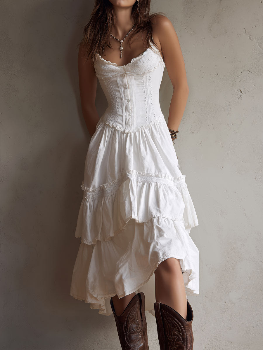 ABITO MIDI RETRÒ BOHO CON CORSETTO A PIÙ STRATI E BORDI IN PIZZO