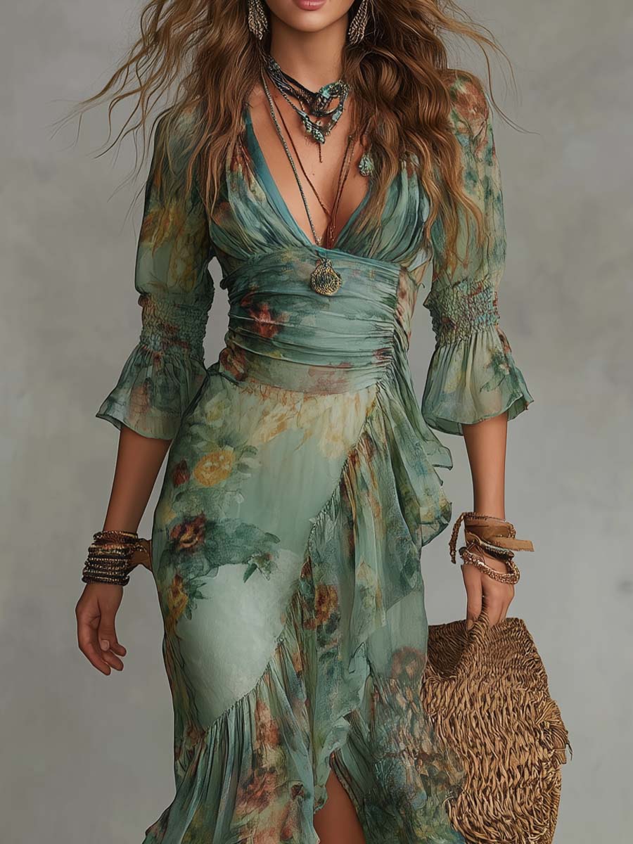 ALMA | VESTITO LUNGO CON STAMPA FLOREALE ROMANTICA