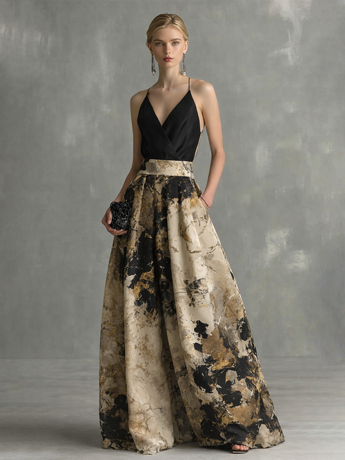 Abito Maxi Elegante Donna Nero e Beige Stampa Astratta Scollo a V con Spalline