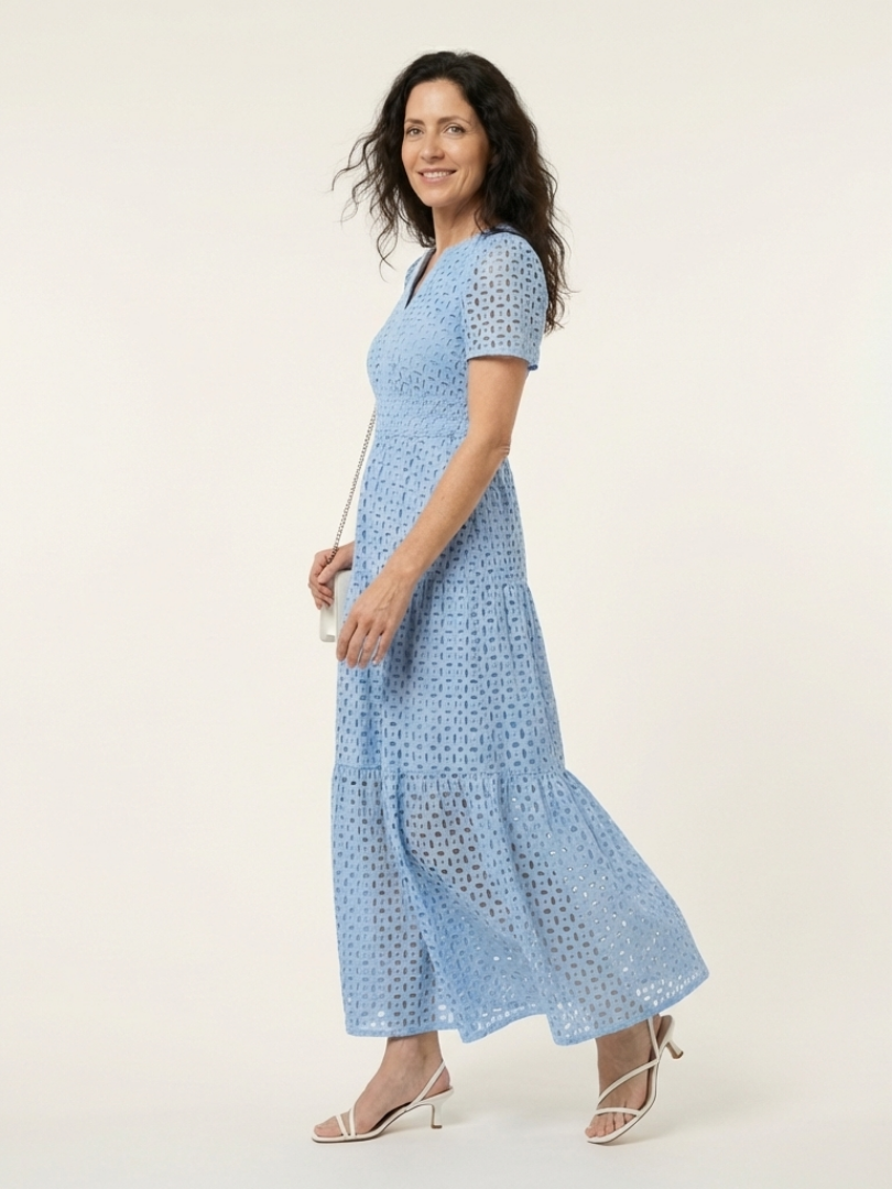 BRIELLE | V NECK SHORT SLEEVE TIERED MIDI DRESS
