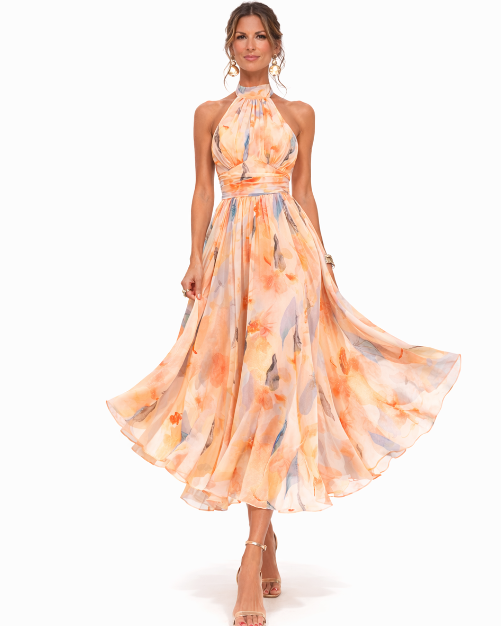 AURORA | ABITO CON COLLO HALTER E STAMPA ACQUERELLO