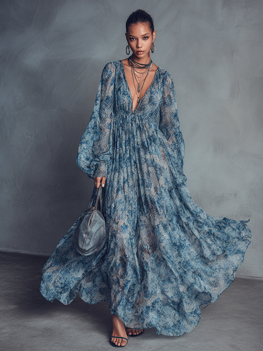 ABITO LUNGO IN CHIFFON CON STAMPA FLOREALE BLU IN STILE BOHÉMIEN DA DONNA CON SCOLLO A V E MANICHE A LANTERNA