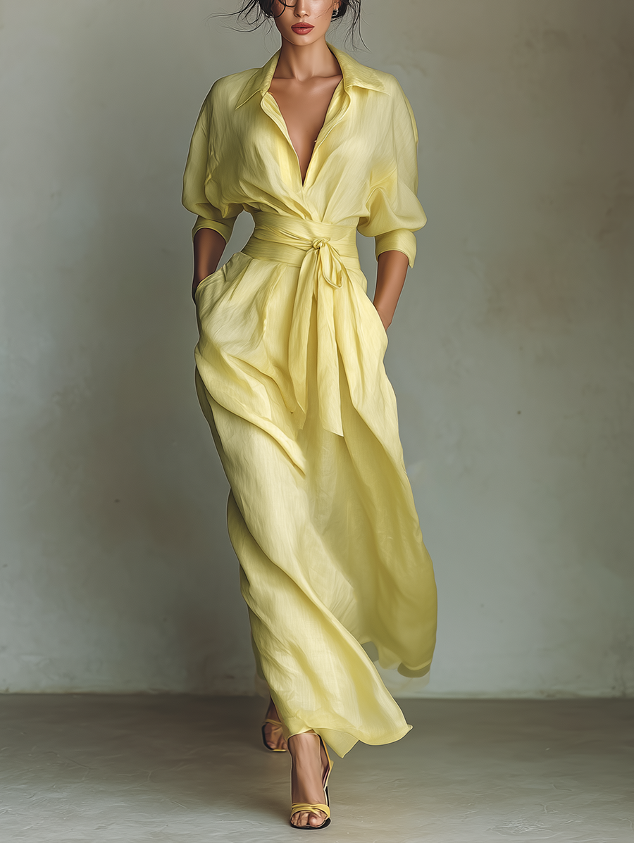 Abito Chemisier Lungo da Donna Giallo Limone in Cotone e Lino con Cintura da Annodare e Maniche a Tre Quarti