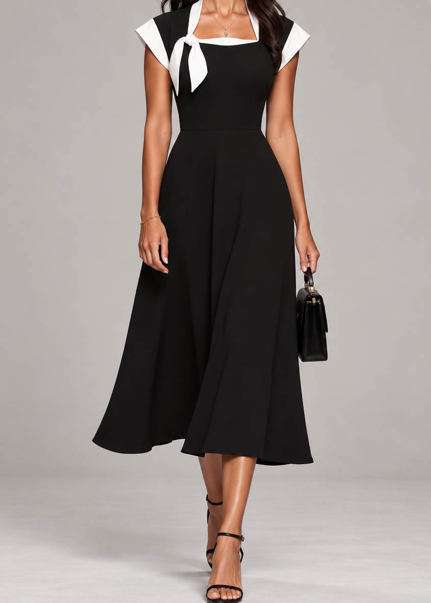 ARIANE | ABITO MIDI DA DONNA CON SCOLLO QUADRATO E MANICHE COLOR BLOCK