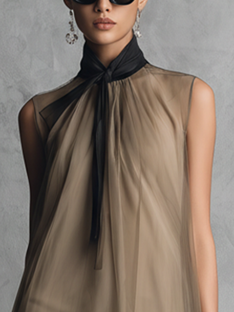 ROBE SENZA MANICHE IN CHIFFON BICOLORE KAKI E MARRONE DI LUSSO LEGGERO PER DONNE