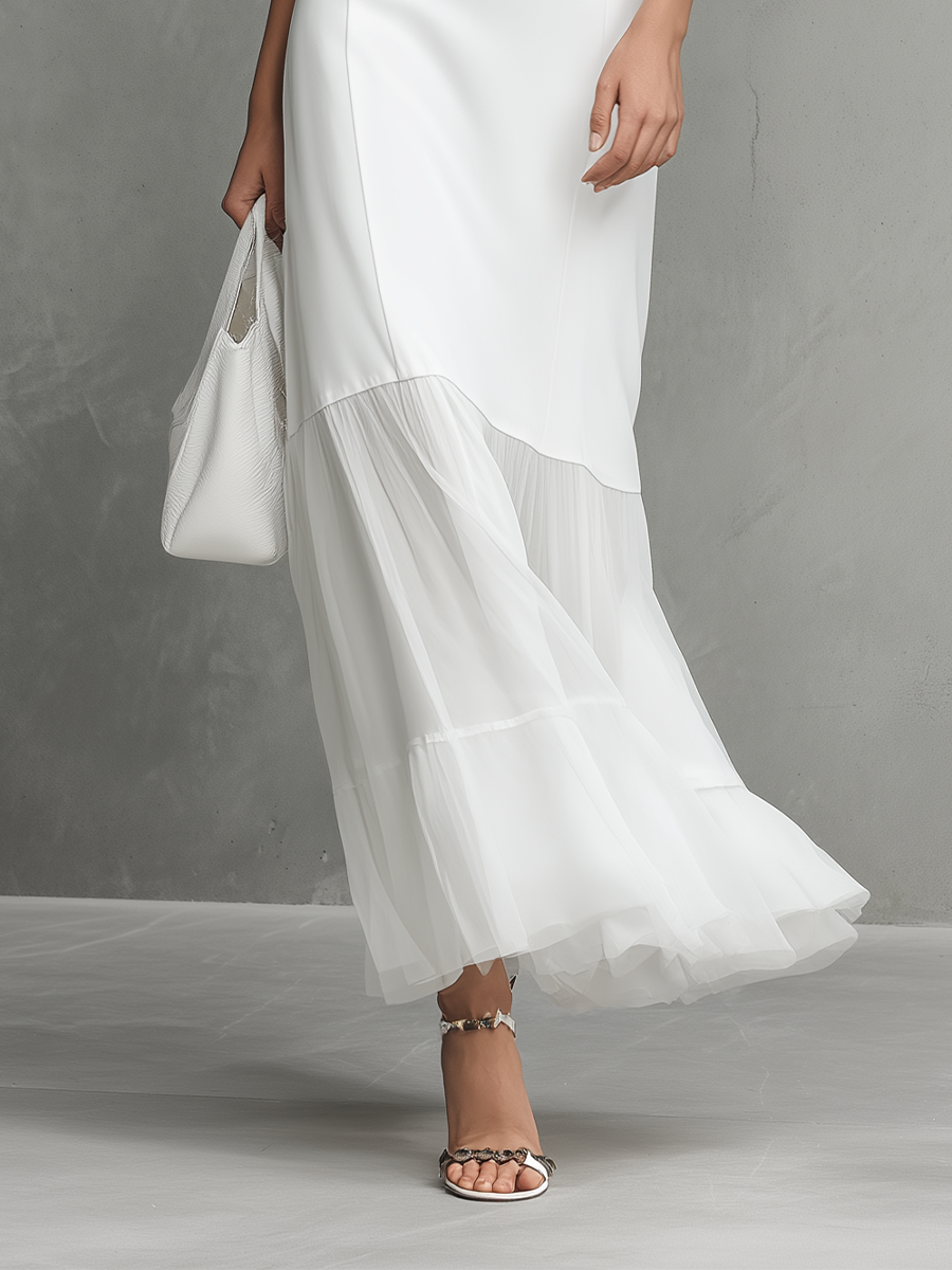 ABITO BIANCO SENZA MANICHE ELEGANTE DA DONNA IN SETA DI LATTE E PANNELLI IN CHIFFON