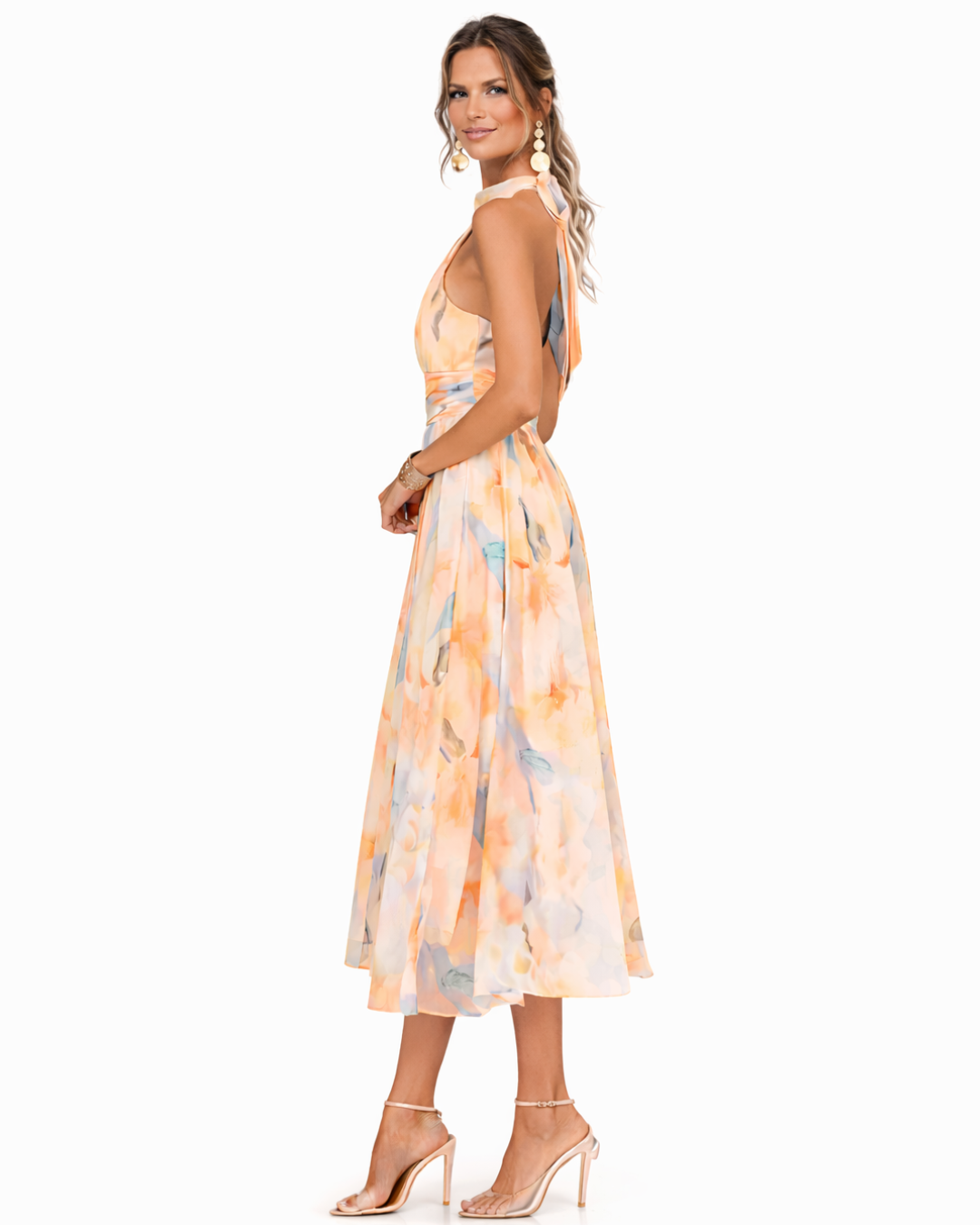 AURORA | ABITO CON COLLO HALTER E STAMPA ACQUERELLO