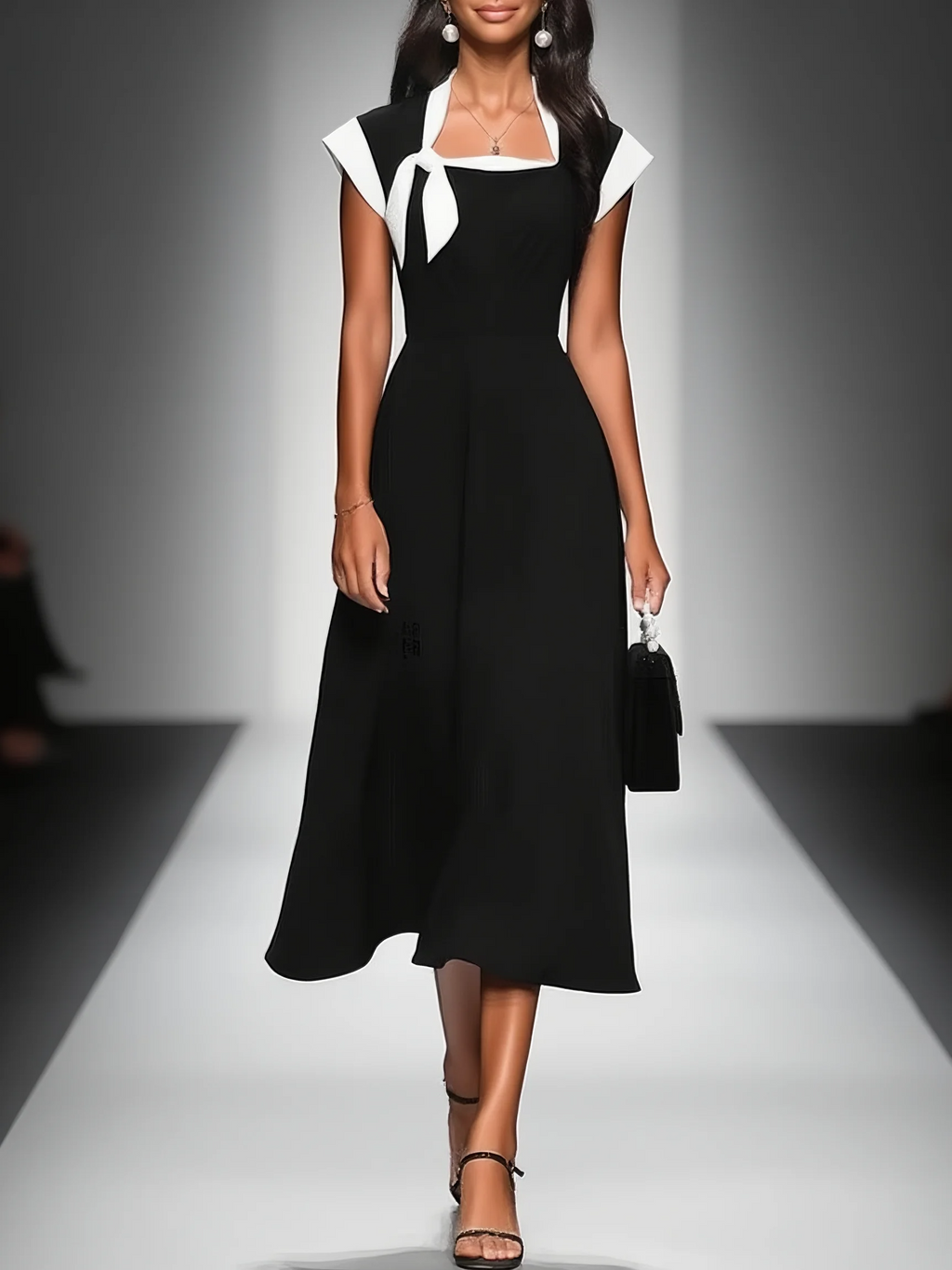 ARIANE | ABITO MIDI DA DONNA CON SCOLLO QUADRATO E MANICHE COLOR BLOCK