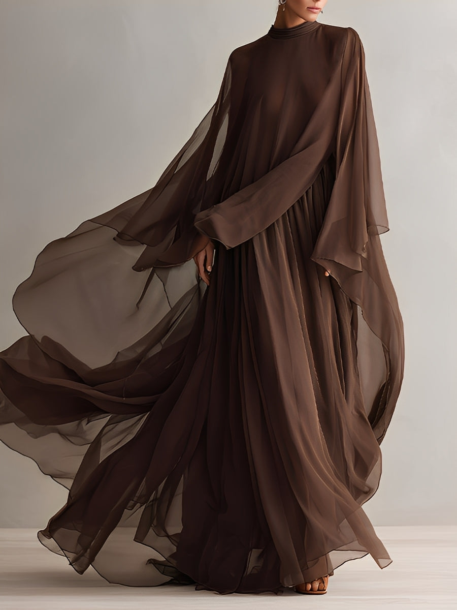 Abito in chiffon marrone scuro da donna con silhouette maxi fluida e design a mantella, stile elegante e glamour moderno