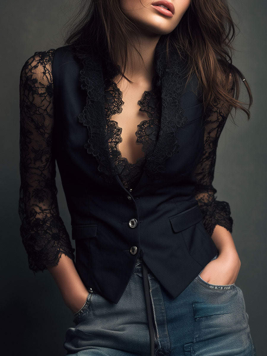 NOÉMIE | TOP BLAZER NERO CON MANICHE SEMITRASPARENTI