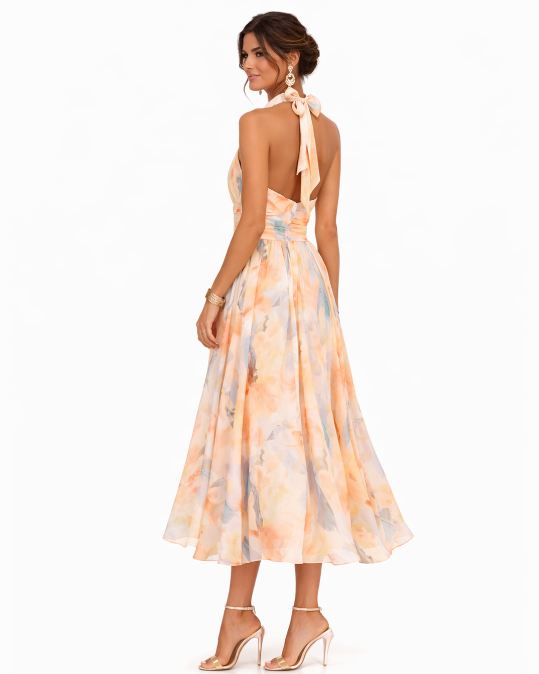 AURORA | ABITO CON COLLO HALTER E STAMPA ACQUERELLO