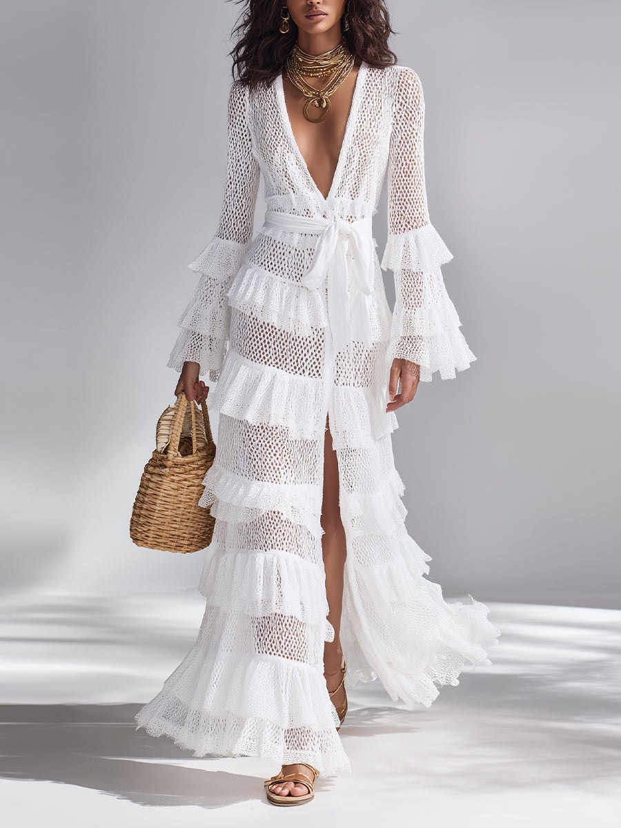 Cardigan de ganchillo blanco brillante para mujer con escote en V profundo y volantes superpuestos, estilo bohemio-chic atemporal