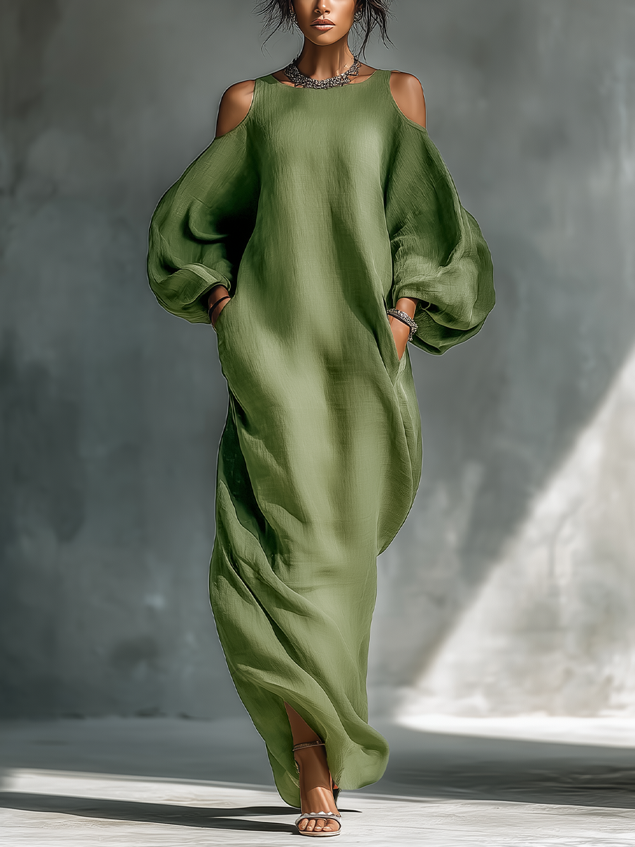 ABITO LUNGO DA DONNA VERDE CHIARO CON SPALLE SCOPERTE, MANICHE A SBUFFO OVERSIZE E TASCHE LATERALI