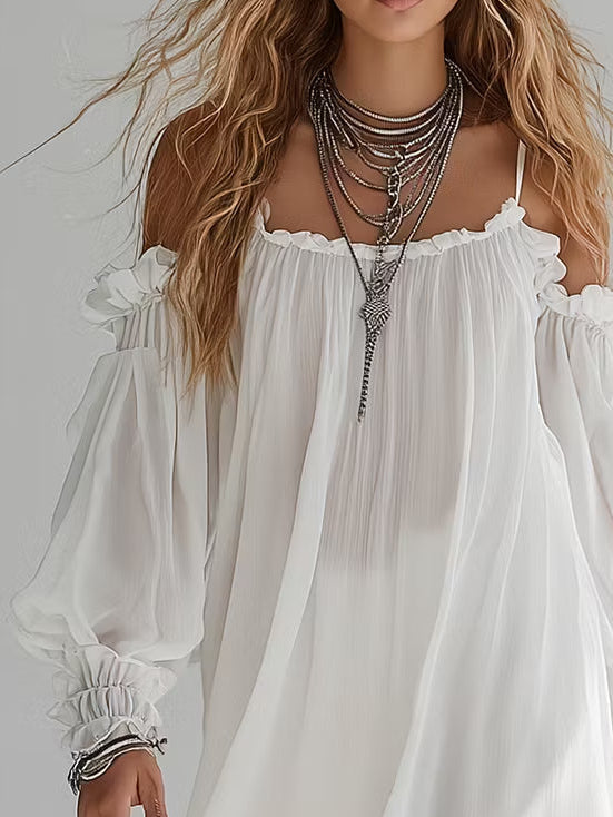 ROMANE | MINI ABITO FLUTTUANTE IN STILE BOHEMIEN, SPALLE SCOPERTE