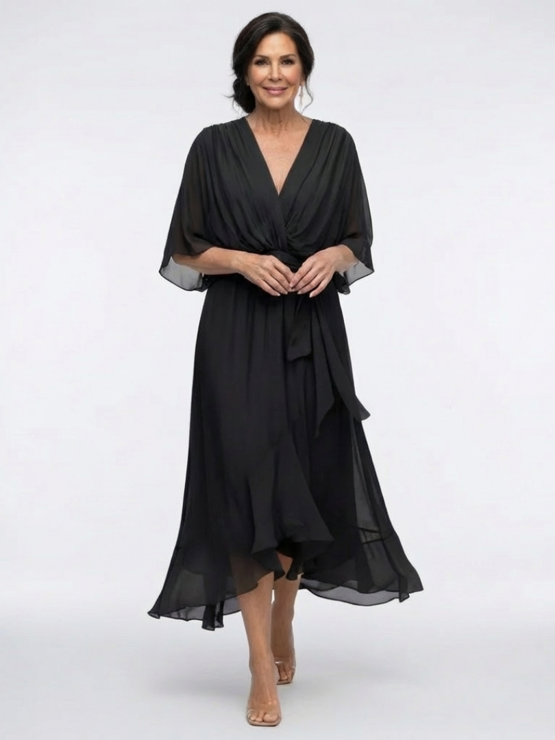 ELYSIA | V NECK DRAPED WAIST TIE MIDI DRESS
