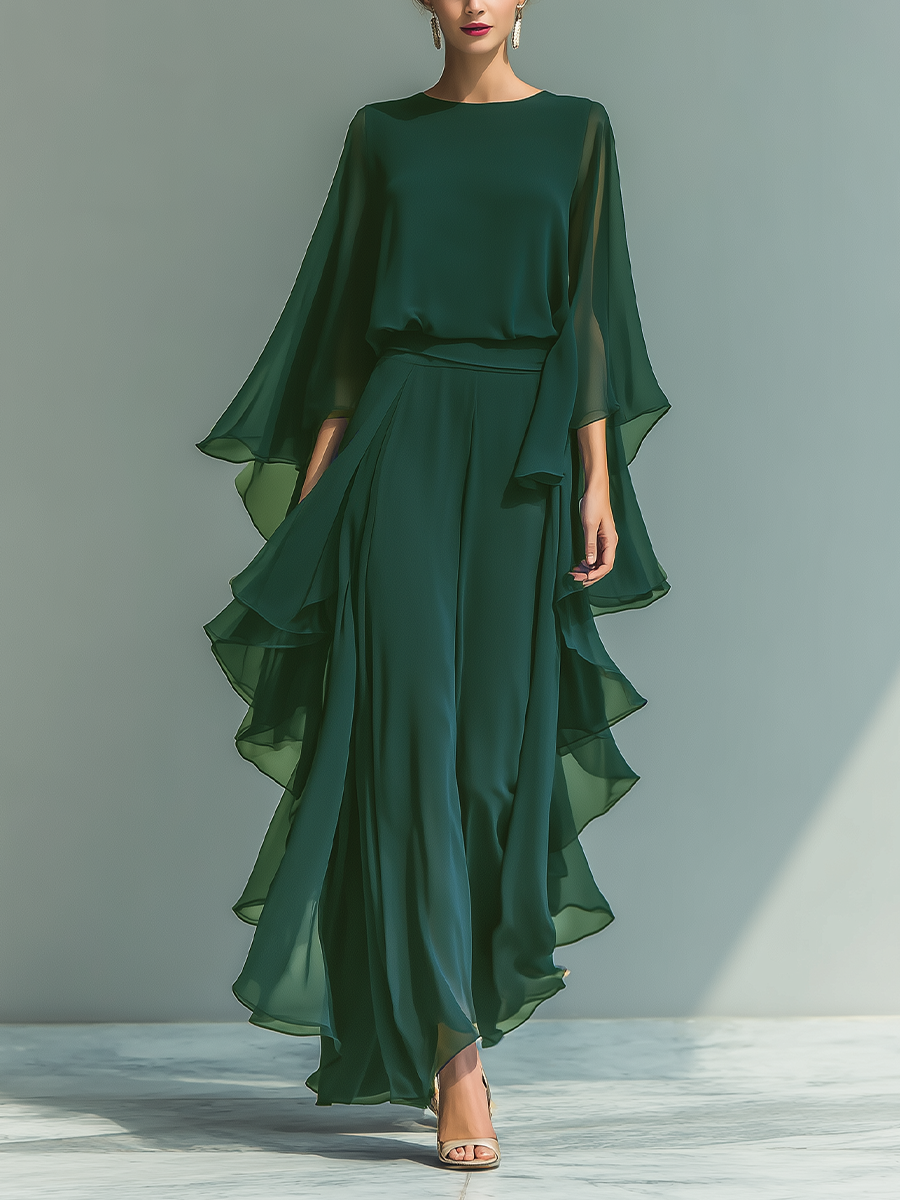 Completo da donna top in chiffon blu scuro con maniche a campana e pantaloni dritti con dettagli a balze