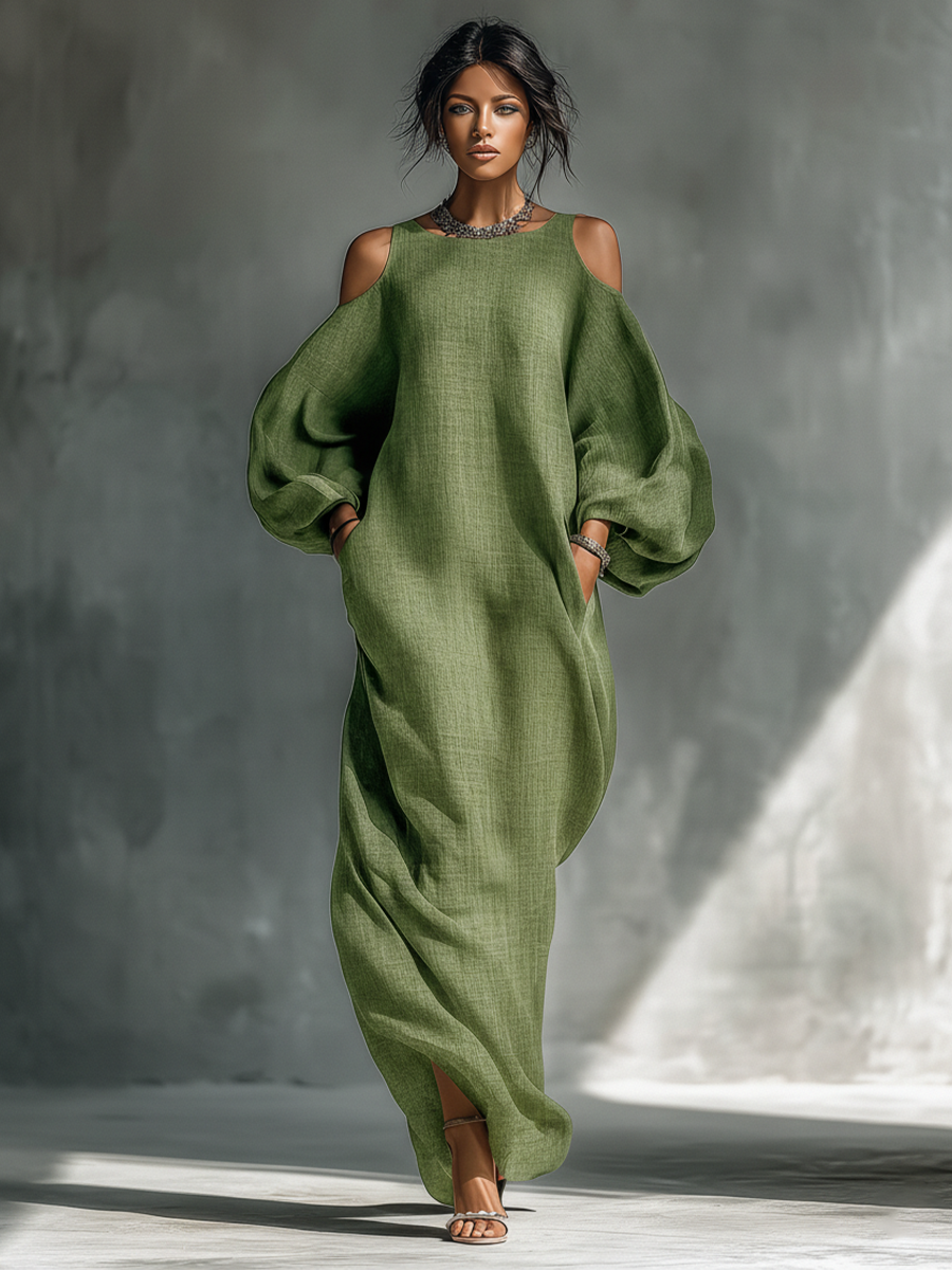 ABITO LUNGO DA DONNA VERDE CHIARO CON SPALLE SCOPERTE, MANICHE A SBUFFO OVERSIZE E TASCHE LATERALI