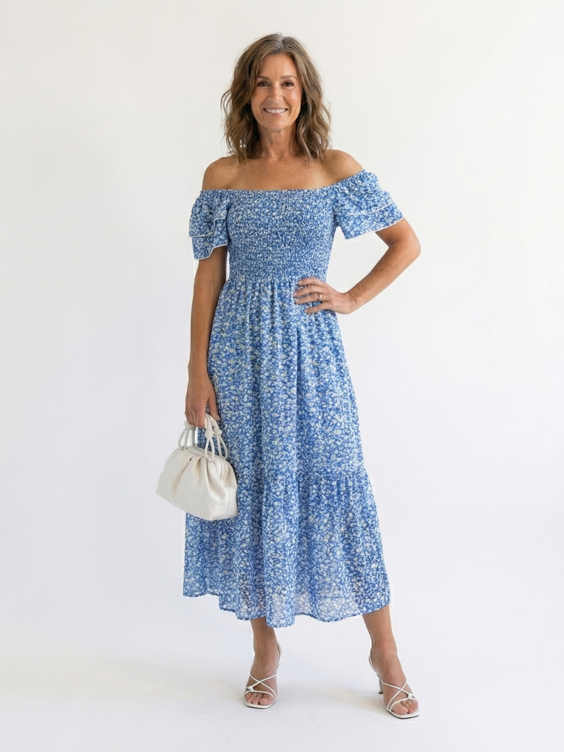 ODETTE | OFF SHOULDER FLORAL SMOCKED MIDI DRESS