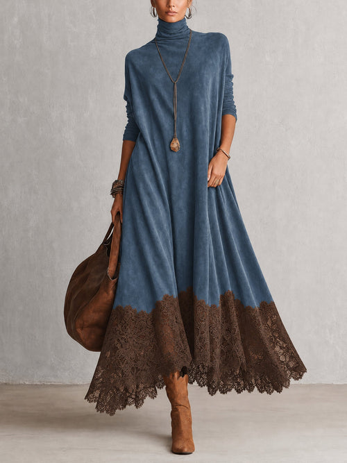 ABITO LUNGO MARRONE EFFETTO CAMOSCIO CON MANICHE LUNGHE E BORDO IN PIZZO VINTAGE