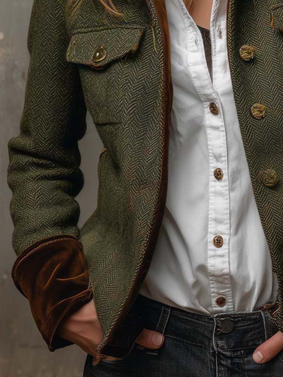 HONORINE | BLAZER VINTAGE A CHEVRON CON PROFILI A CONTRASTO