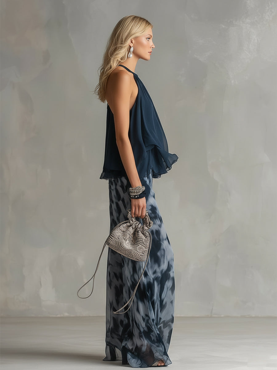 LUDMILA | ELEGANTE IN CHIFFON CON TOP A COLLO ALTO E PANTALONI LARGHI STAMPATI