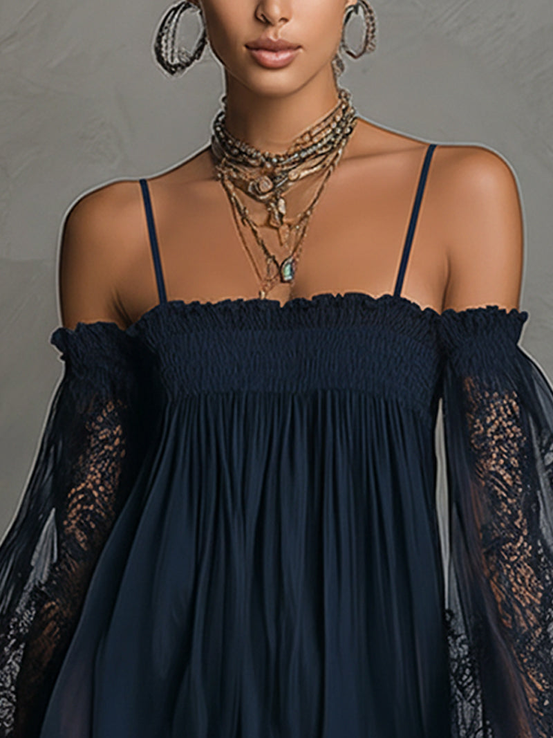 NOEMI • ABITO MINI IN CHIFFON BLU NAVY CON SCOLLO BARDOT, BORDO IN PIZZO E MANICHE TRASPARENTI