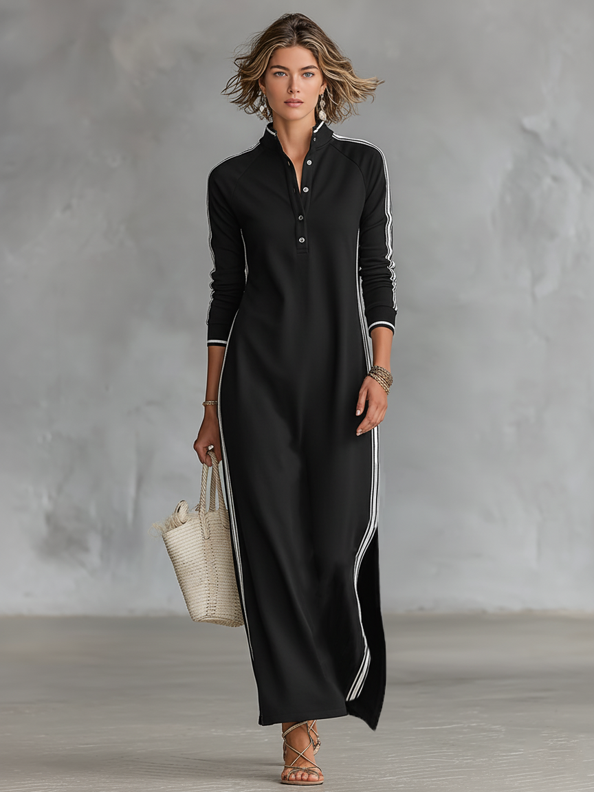 Abito Felpa Maxi da Donna con Colletto Button-down e Bordo Bianco
