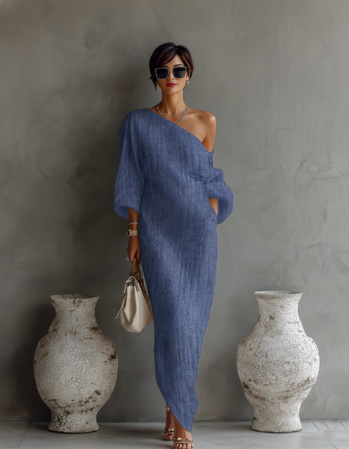 ABITO ELEGANTE IN COTONE-LINO BIANCO AVORIO CON SPALLA SCOPERTA E DESIGN FLUTTUANTE