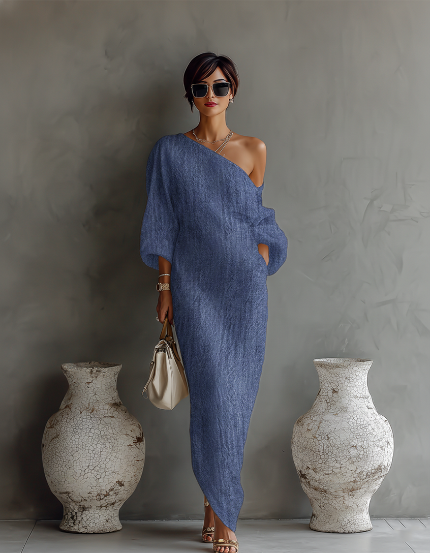Abito Elegante Fluente in Cotone-Lino Bianco Avorio con Spalla Scoperta