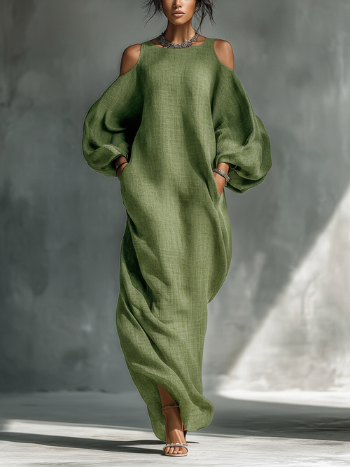 ABITO LUNGO DA DONNA VERDE CHIARO CON SPALLE SCOPERTE, MANICHE A SBUFFO OVERSIZE E TASCHE LATERALI