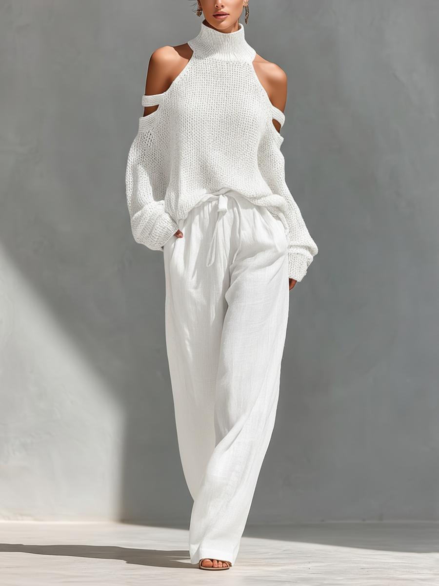 Top collo alto con spalle scoperte in maglia beige per donne e pantaloni a gamba larga