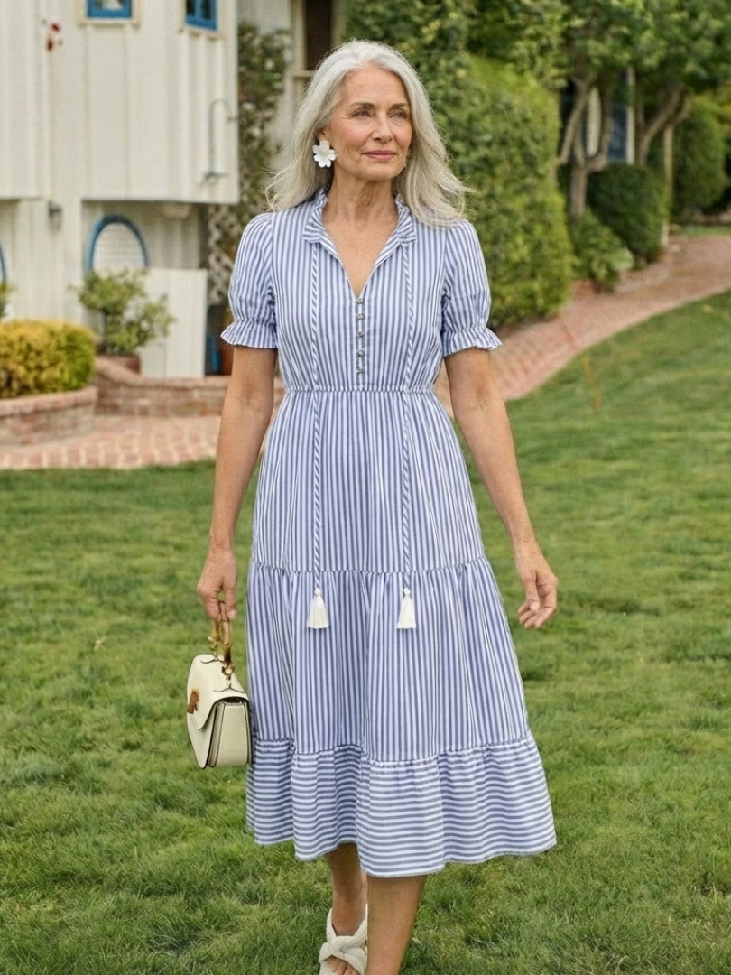 DAKOTA | SHORT SLEEVE STRIPED TIERED MIDI DRESS
