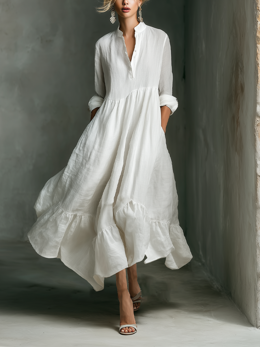 ABITO LUNGO DA DONNA BIANCO CON MANICHE LUNGHE E VOLANT