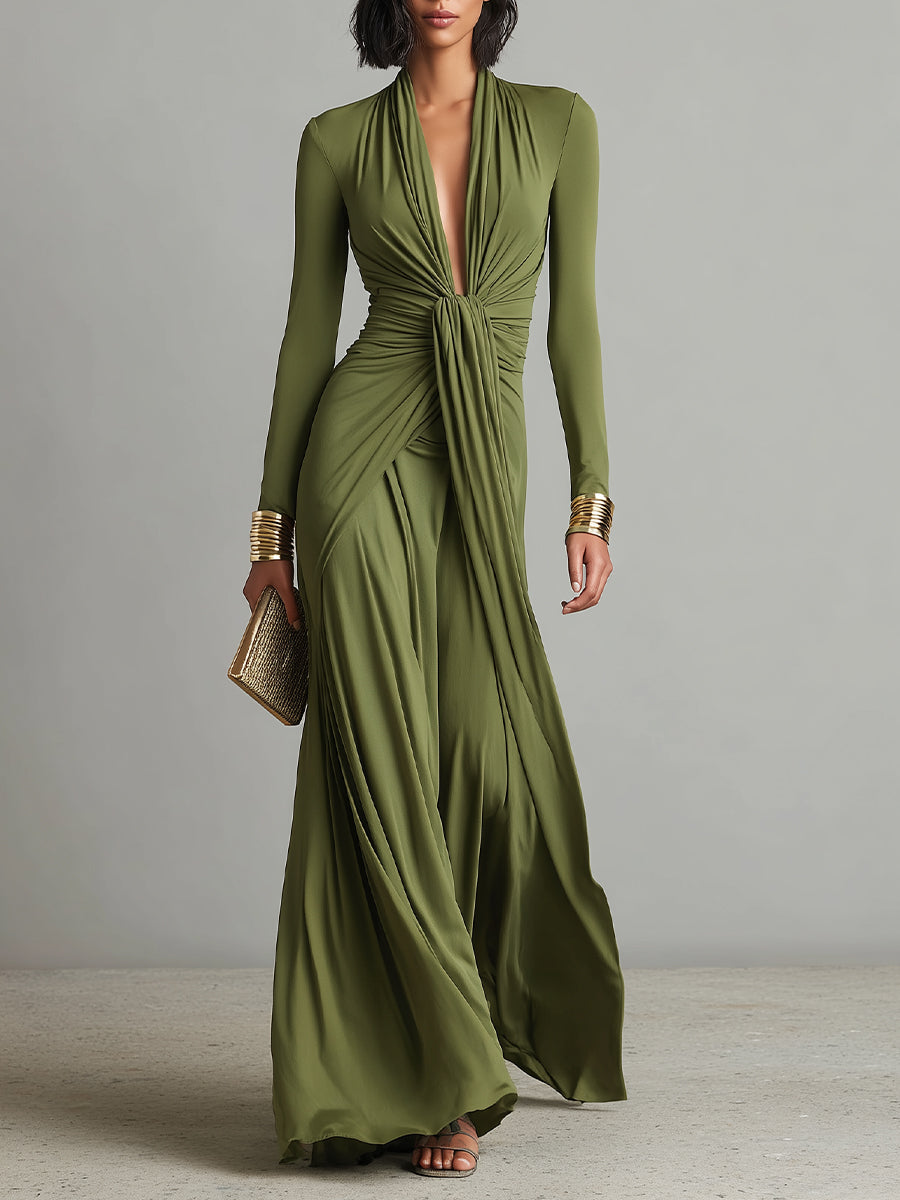 Vestito Lungo Verde Oliva in Seta Elastica con Profondo Scollo a V e Dettagli Arricciati, Abito Maxi Glamour