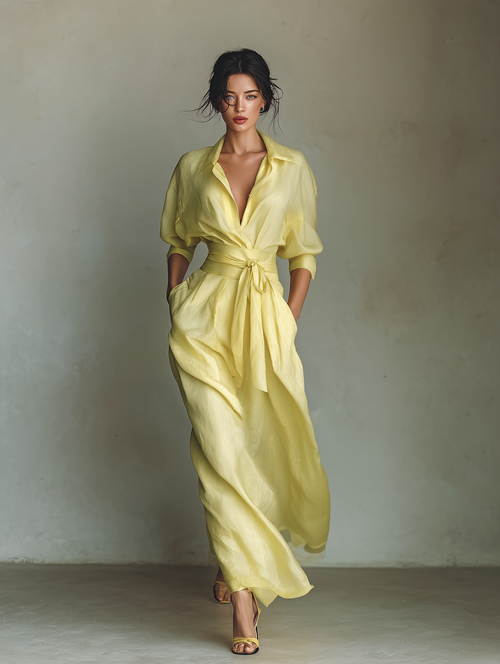 ABITO CAMICIA MAXI DONNA GIALLO LIMONE IN COTONE E LINO CON CINTURA DA ANNODARE & MANICHE A TRE QUARTI