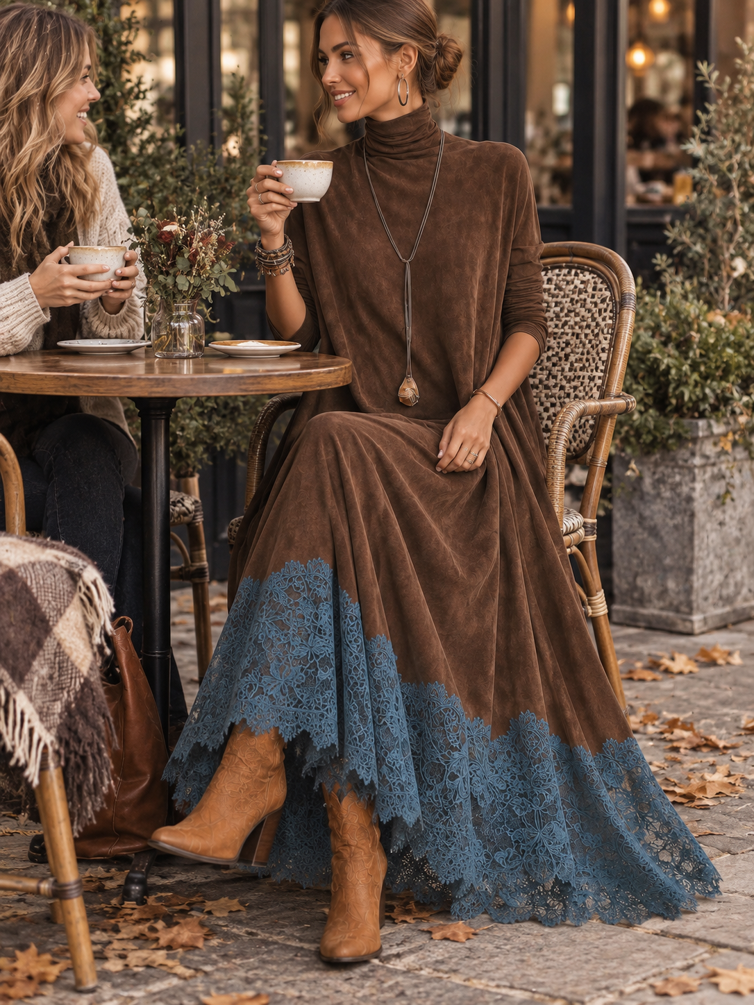 ABITO LUNGO MARRONE EFFETTO CAMOSCIO CON MANICHE LUNGHE E BORDO IN PIZZO VINTAGE