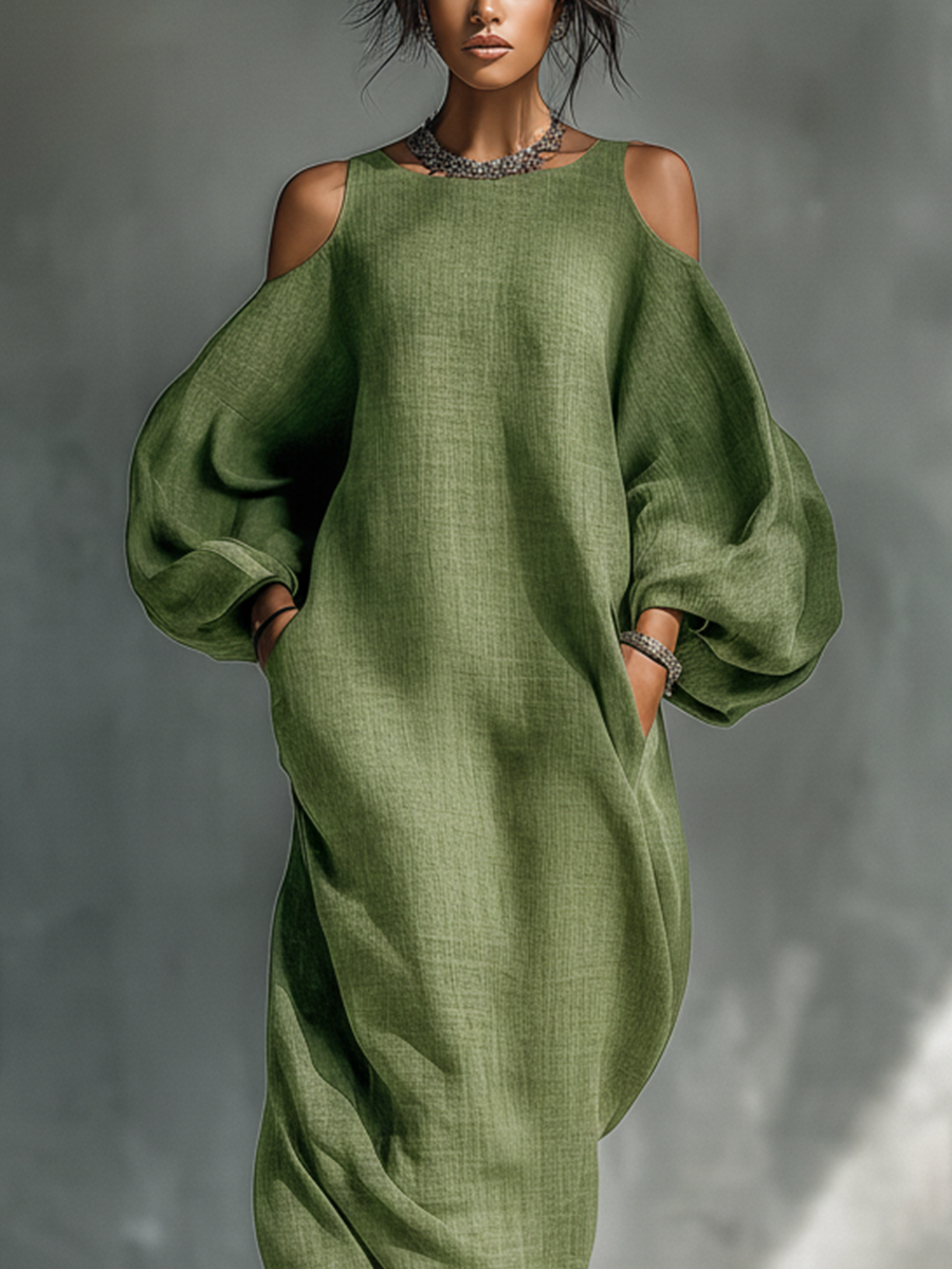 ABITO LUNGO DA DONNA VERDE CHIARO CON SPALLE SCOPERTE, MANICHE A SBUFFO OVERSIZE E TASCHE LATERALI