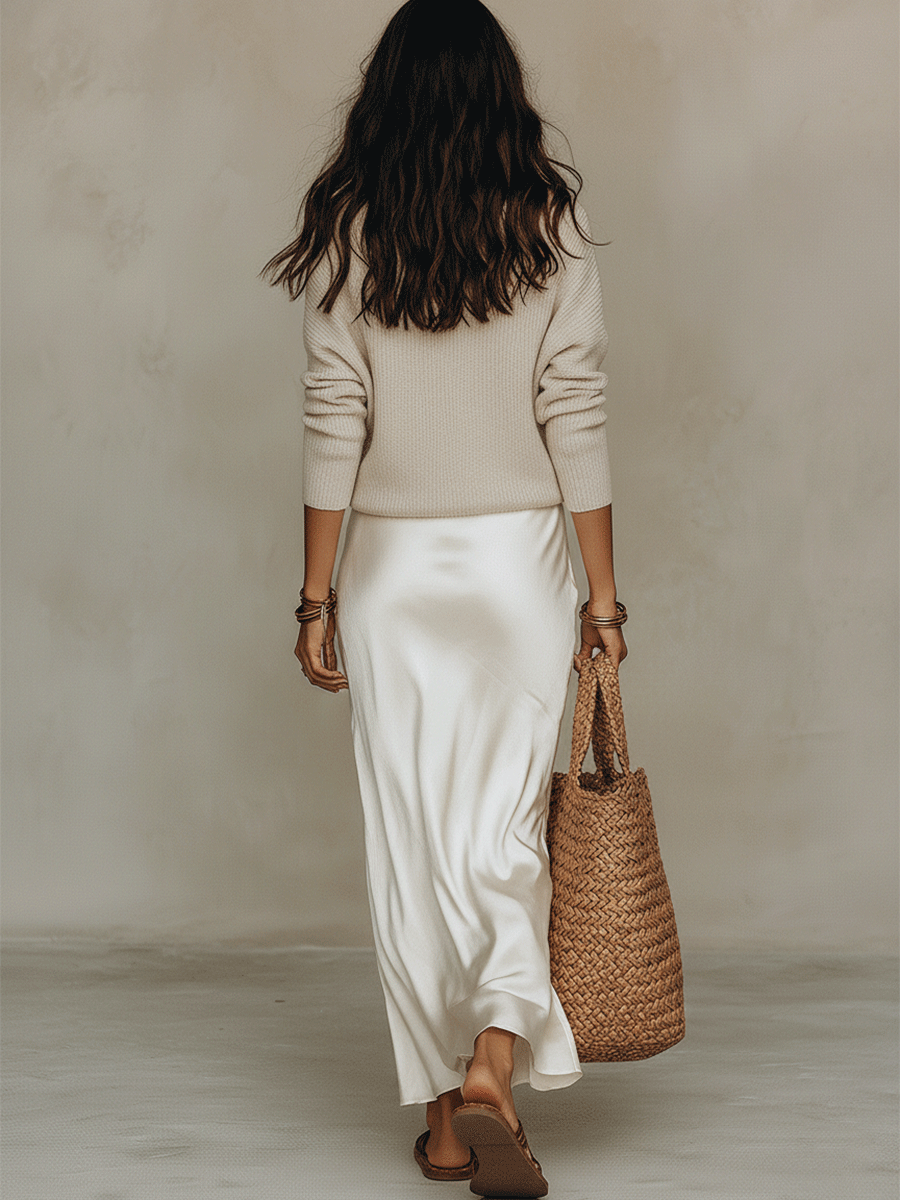 COMPLETO MIDI IN MAGLIA AVORIO E SATINO