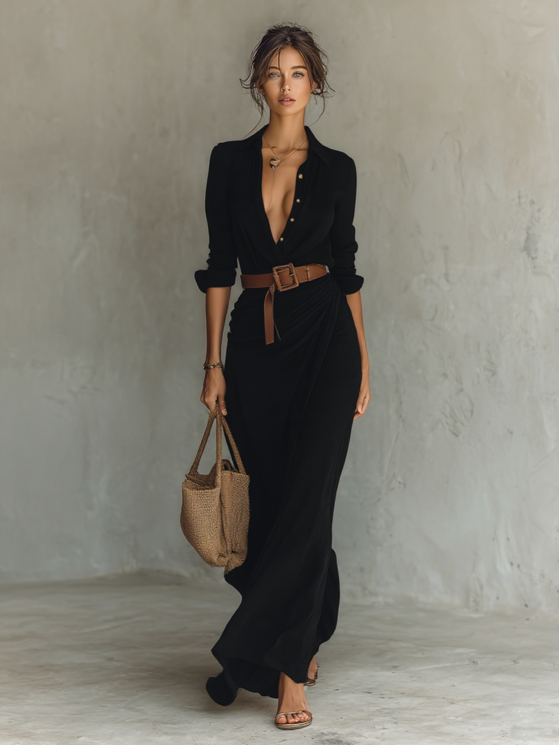 Abito lungo maxi da donna con collo a revers e maniche lunghe